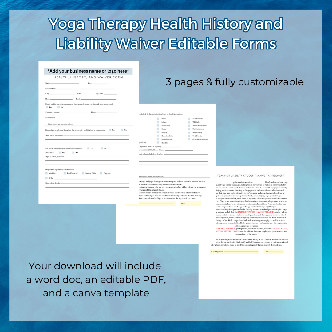 Yoga Therapy Health History and Liability Waiver Form - Canva template and PDF