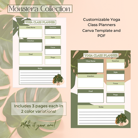 Monstera Motif Yoga Class Planner Template - Canva Template and PDF