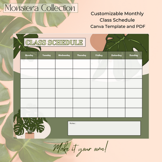 Monstera Motif Editable Monthly Schedule Template - Canva Template and PDF