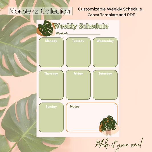 Monstera Motif Editable Weekly Schedule Template - Canva Template and PDF